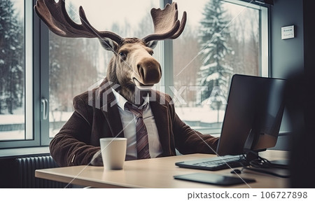 In a vibrant office, a man in a moose costume works confidently. Created by AI 106727898