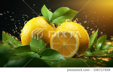 Splashing fresh citrus fruit concept. Created by AI 106727899
