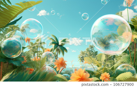 Vibrant tropical scene with layered glassmorphism effect. Created by AI 106727900