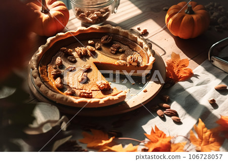 Festive homemade appetizing ripe pumpkin pie, pumpkin tart. Traditional fall baking, Thanksgiving Festive homemade appetizing ripe pumpkin pie, pumpkin tart. Traditional fall baking, Thanksgiving 106728057
