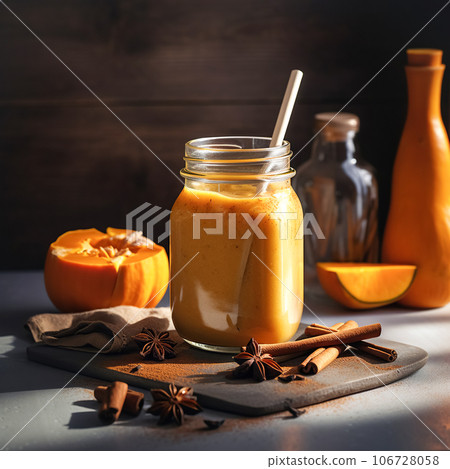 Autumn pumpkin spicy latte with whipped cream and cinnamon, Seasonal warming drink on a dark background 106728058