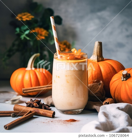 Autumn pumpkin spicy latte with whipped cream and cinnamon, Seasonal warming drink on a dark background 106728064