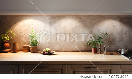 Wooden light empty table top in modern kitchen, Moroccan oriental style, kitchen panel in interior Wooden light empty table top in modern kitchen, Moroccan oriental style, kitchen panel in interior 106728065