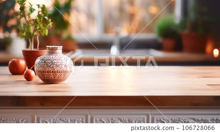 Wooden light empty table top in modern kitchen, Moroccan oriental style, kitchen panel in interior Wooden light empty table top in modern kitchen, Moroccan oriental style, kitchen panel in interior 106728066