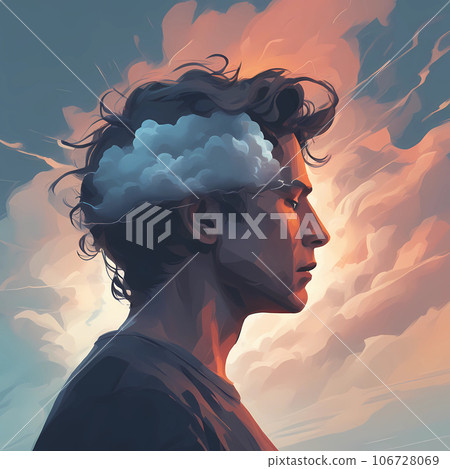 Depressed or mental illness. Head profile with storm cloud. Mindfulness and stress management in psychology. Anger, stressed and anxiety emotion concept. Depressed or mental illness. Head profile with storm cloud. Mindfulness and stress management in psychology. Anger, stressed and anxiety emotion concept. 106728069