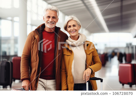 A happy middle-aged married couple stand hugging each other, in the building of the airport 106728070