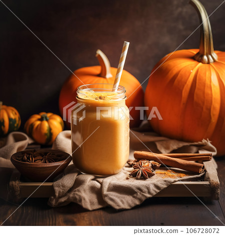 Autumn pumpkin spicy latte with whipped cream and cinnamon, Seasonal warming drink on a dark background 106728072
