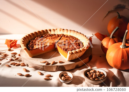 Festive homemade appetizing ripe pumpkin pie, pumpkin tart. Traditional fall baking, Thanksgiving Festive homemade appetizing ripe pumpkin pie, pumpkin tart. Traditional fall baking, Thanksgiving 106728080