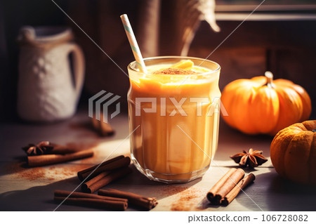 Autumn pumpkin spicy latte with whipped cream and cinnamon, Seasonal warming drink on a dark background Autumn pumpkin spicy latte with whipped cream and cinnamon, Seasonal warming drink on a dark background 106728082