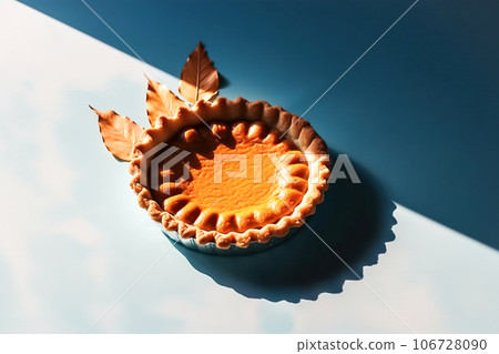 Festive homemade appetizing ripe pumpkin pie, pumpkin tart decorated with nuts, minimalistic blue background with hard shadows, top view. Traditional seasonal fall baking, Thanksgiving 106728090