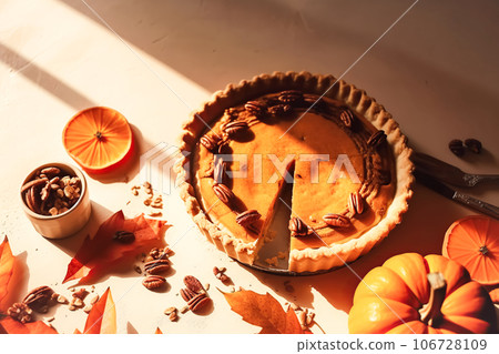 Festive homemade appetizing ripe pumpkin pie, pumpkin tart. Traditional fall baking, Thanksgiving 106728109