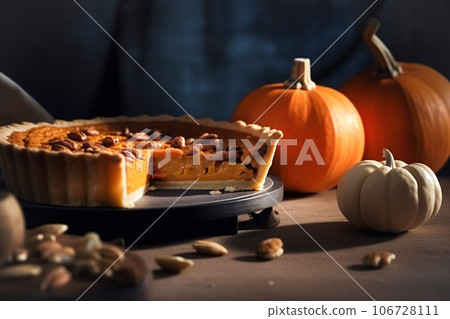 Festive homemade appetizing ripe pumpkin pie, pumpkin tart. Traditional fall baking, Thanksgiving 106728111