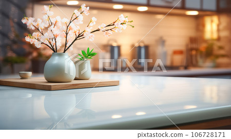 Wooden light empty tabletop in modern kitchen, Asian oriental style, kitchen panel in interior Wooden light empty tabletop in modern kitchen, Asian oriental style, kitchen panel in interior 106728171