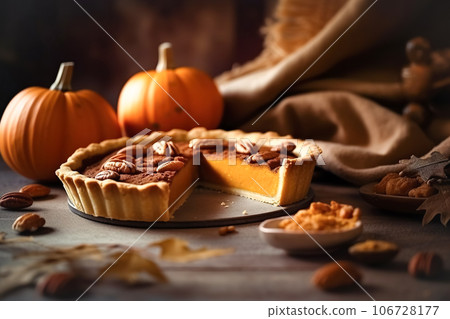 Festive homemade appetizing ripe pumpkin pie, pumpkin tart. Traditional fall baking, Thanksgiving 106728177