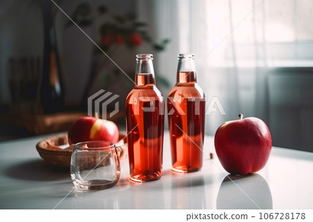 Seasonal drink cider from ripe apples, apple wine in small glasses and bottles on kitchen table 106728178