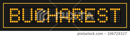 Orange color led banner in word bucharest on black background 106728327