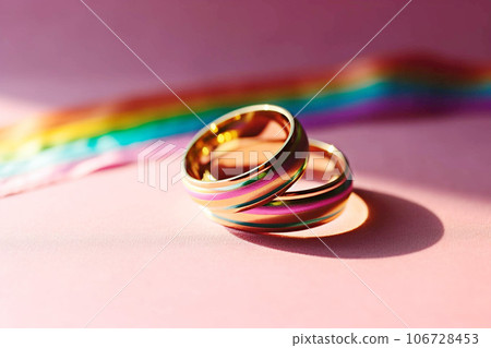 Golden wedding rings and rainbow ribbon on background. 106728453