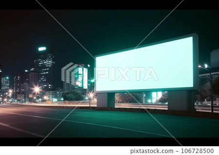 Blank lightbox mockup, white empty banner in the street, night time 106728500