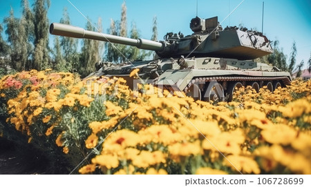 The concept of a world without war. Old vintage heavy military equipment in colored colors, sky background. 106728699