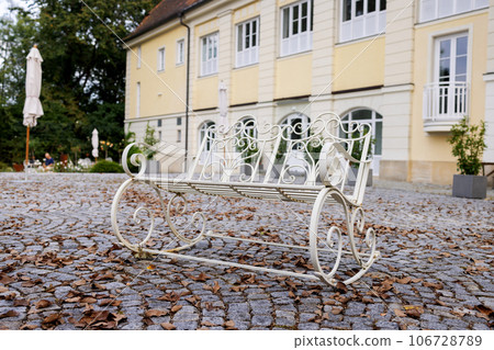 Iron rocking bench against the background of an old house 106728789