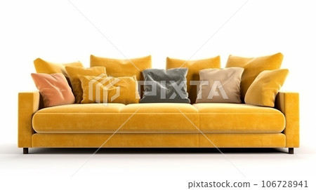 Front view of modern mustard colored velor sofa with soft cushions, isolated on white background Front view of modern mustard colored velor sofa with soft cushions, isolated on white background 106728941