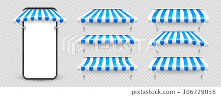 Smartphone with shop sunshade and metal mount, online internet shopping. Realistic blue striped cafe awning. Outdoor market tent. Roof canopy. Summer street store. Vector illustration 106729038