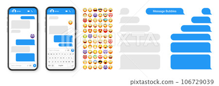 Smartphone messaging app, user interface design with emoji. SMS text frame. Chat screen with blue message bubbles. Texting app for communication. Social media application. Vector illustration 106729039