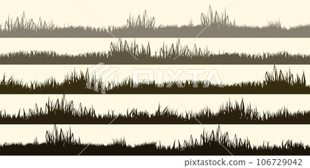Meadow silhouettes with grass, plants on plain. Panoramic summer lawn landscape with herbs, various weeds. Herbal border, frame element. Brown horizontal banners. Vector illustration 106729042