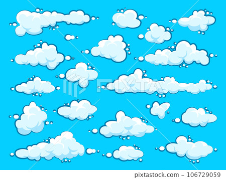 Painted cartoon clouds on blue background. Simple hand drawn round cloud, summer sky panorama, cloudscape. Flat design. Vector illustration Painted cartoon clouds on blue background. Simple hand drawn round cloud, summer sky panorama, cloudscape. Flat design. Vector illustration 106729059
