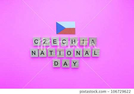 October 28, Independence Day of the Czech Republic, Czech flag, minimalistic banner with wooden letters on a pink background October 28, Independence Day of the Czech Republic, Czech flag, minimalistic banner with wooden letters on a pink background 106729622