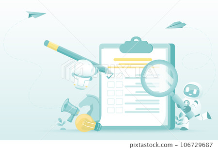 Artificial Intelligence (AI) technology and checklist concept. AI robot holding pencil to checking on clipboard. Daily task plans, note and checking. Flat vector design illustration. 106729687