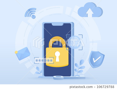 Data protection concept. Protect personal detail and access account by enter password, fingerprint scanning, sensitive data from cyber attack and other form of online threat. Flat vector illustration. 106729788