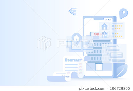 Real estate or mortgage concept. Review, search and explore property house or apartment using an online applications. Contract, deal, term and condition. Flat vector illustration with copy space. Real estate or mortgage concept. Review, search and explore property house or apartment using an online applications. Contract, deal, term and condition. Flat vector illustration with copy space. 106729800