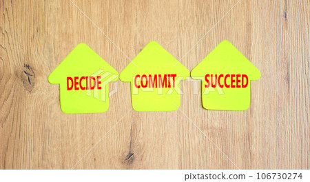Decide commit succeed symbol. Concept word Decide Commit Succeed on beautiful yellow paper house. Beautiful wooden table wooden background. Business decide commit succeed concept. Copy space. 106730274