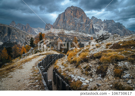 World war ruins near Cinque Torri rock formations, Dolomites, Italy 106730617