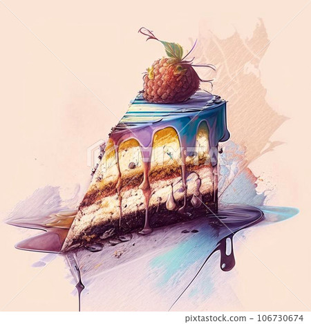 Piece of chocolate cake with cream and berry birthday tasty bake. Watercolor illustration chocolate piece cake slice. 106730674