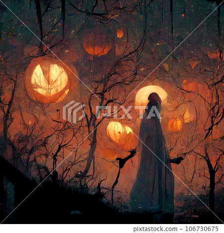 Pumpkins In Graveyard In The Spooky Night - Halloween Backdrop. Haunted House In Spooky Forest At Night With Pumpkins And Ghosts. Pumpkins In Graveyard In The Spooky Night - Halloween Backdrop. Haunted House In Spooky Forest At Night With Pumpkins And Ghosts. 106730675