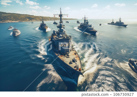 Modern military naval warships in open sea. Military naval exercises 106730927