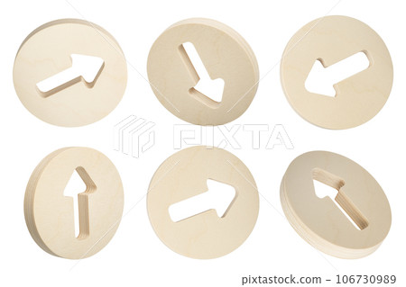 Set of wooden arrows with shadow on a white isolated background. Many arrows in circles point in different directions. Driving direction or direction indicator 106730989