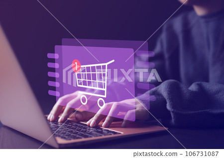 Online shopping and e-commerce technology internet concept. Woman or Shopper using a laptop computer with shopping cart icon, shopping service on the online web, Buy in online shop, Online shopping and e-commerce technology internet concept. Woman or Shopper using a laptop computer with shopping cart icon, shopping service on the online web, Buy in online shop, 106731087