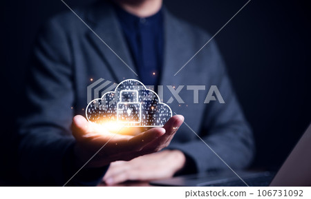 Cybersecurity Technology Concept. Businessman holding padlock and cloud icon. information security and encryption, User privacy security and encryption, secure Internet access, Cyber crime prevention, Cybersecurity Technology Concept. Businessman holding padlock and cloud icon. information security and encryption, User privacy security and encryption, secure Internet access, Cyber crime prevention, 106731092