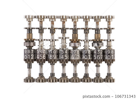 Metal gears and cogs mechanism with numbers isolated on white background with clipping path 106731343