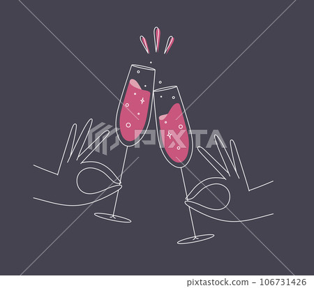 Hand holding champagne clink glasses dark blue 106731426
