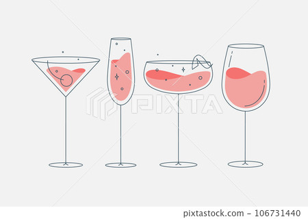 Cocktails glasses manhattan champagne wine daiquiri flat line Cocktails glasses manhattan champagne wine daiquiri flat line 106731440