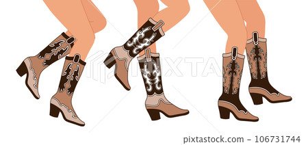 Set of legs in cowboy boots. Various cowgirl boots. Cowboy western theme, wild west, texas. Hand drawn color trendy illustration, vector 106731744