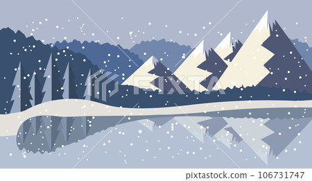 Winter mountain forest landscape. The beauty of the wild. Banner, background, illustration in flat style, vector 106731747
