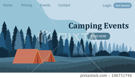 Camping events. Tourist tent against the backdrop of a forest landscape. Banner, template, landing page. Illustration, vector 106731748