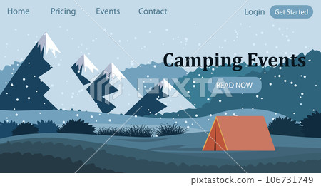 Camping events. Tourist tent against the backdrop of a mountain landscape. Banner, template, landing page. Illustration, vector 106731749