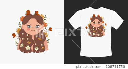 T-shirt design with cute little girl in flowers. Cartoon drawing of a portrait of a girl on a t-shirt. Print for clothes. Illustration, vector 106731750