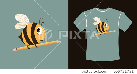 T-shirt design with cute bee. Drawing of a cartoon bee on a t-shirt. Print for clothes. Illustration, vector 106731751